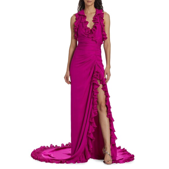 $5890 Oscar De La Renta Womens Ruffle Gown Evening Maxi Dress Dark Orchid Size 2